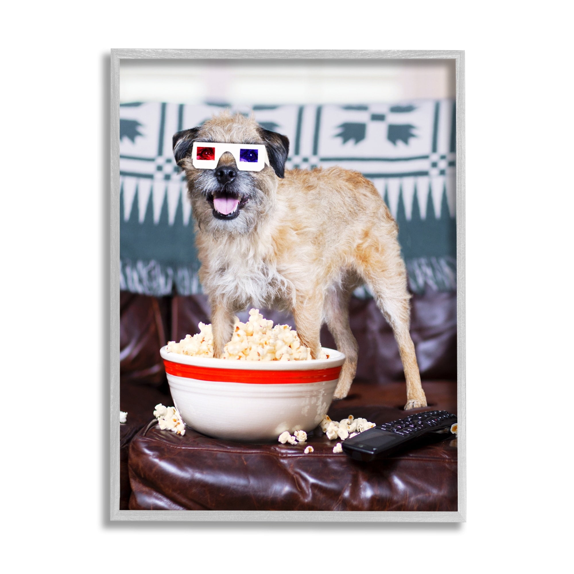 Stupell Industries Dog 3-D Movie Night Couch Snacking Popcorn Photograph Gray Framed Art Print Wall Art, Design by Michael Quackenbush