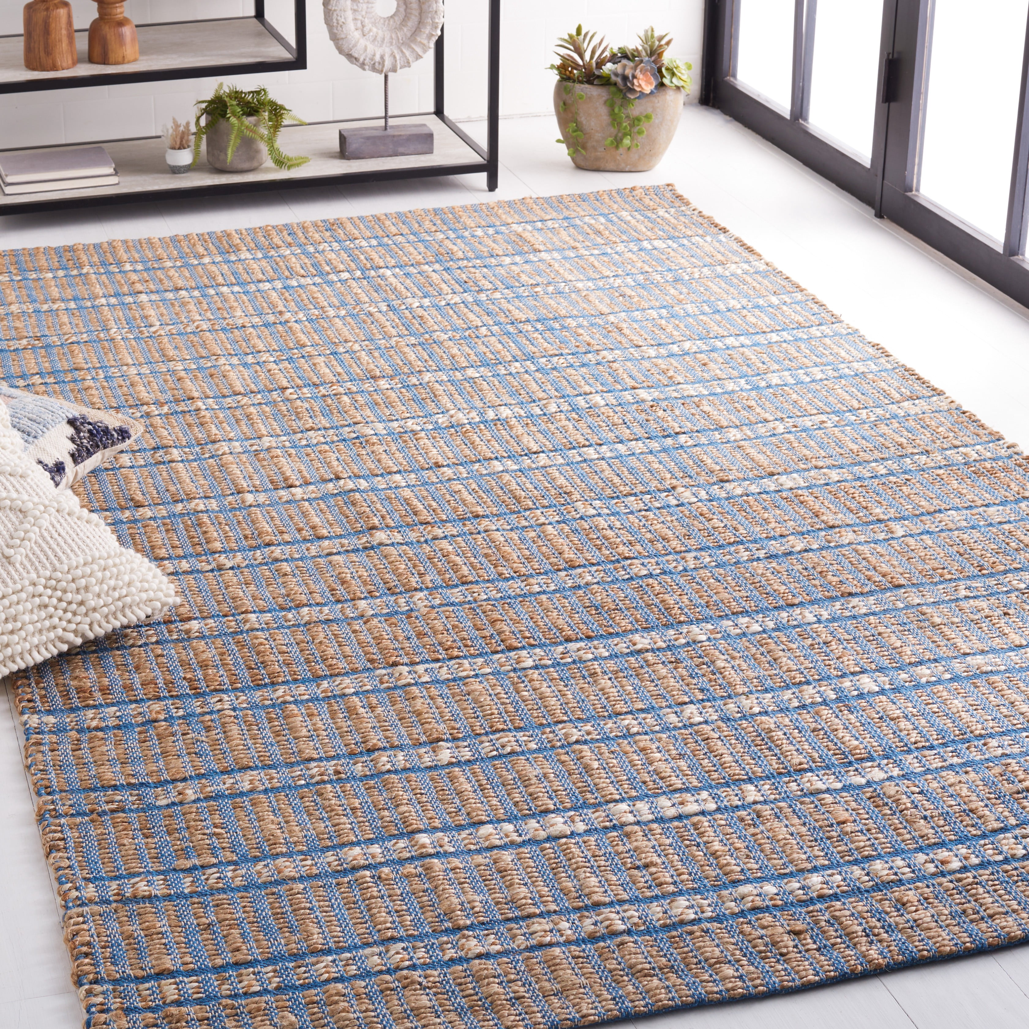 SAFAVIEH Natural Fiber Kostadin Striped Area Rug, Blue/Natural, 6'6" x 6'6" Square