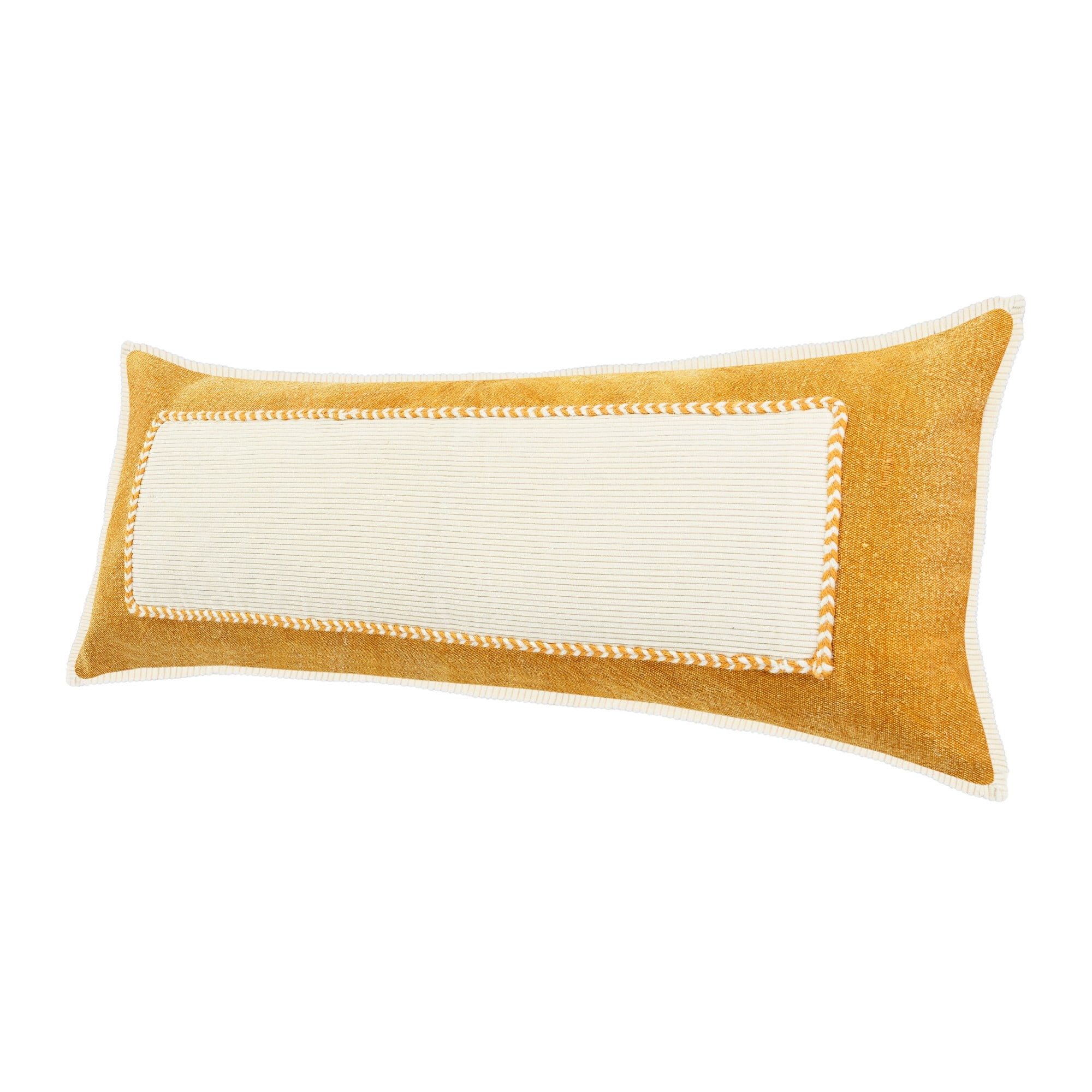 Laddha Home Designs Hand Stitched Geometric Cotton Lumbar Pillow Cover - 36" - Yellow and White