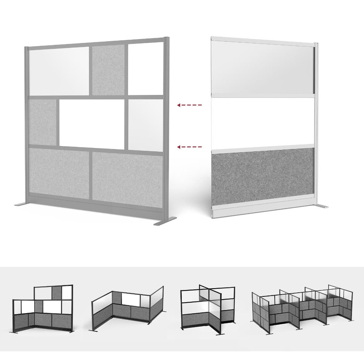 Luxor Workflow Modular Wall Room Divider System - Silver Frame - 53" x 70" Wide Panel Add-On Wall with Whiteboard, Freestanding