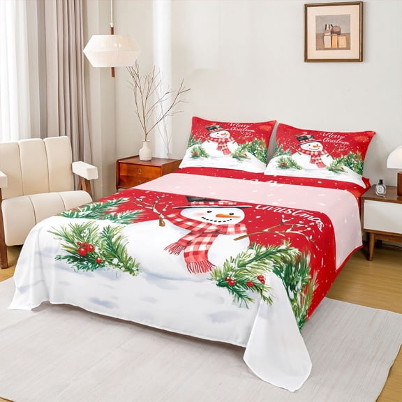 Homewish Cartoon Christmas Snowman Twin Sheet Sets,Merry Xmas Twin Fitted Sheet,Red White Flat Sheet For Girl Boys Kids,Super Cozy Room Decor,3pcs