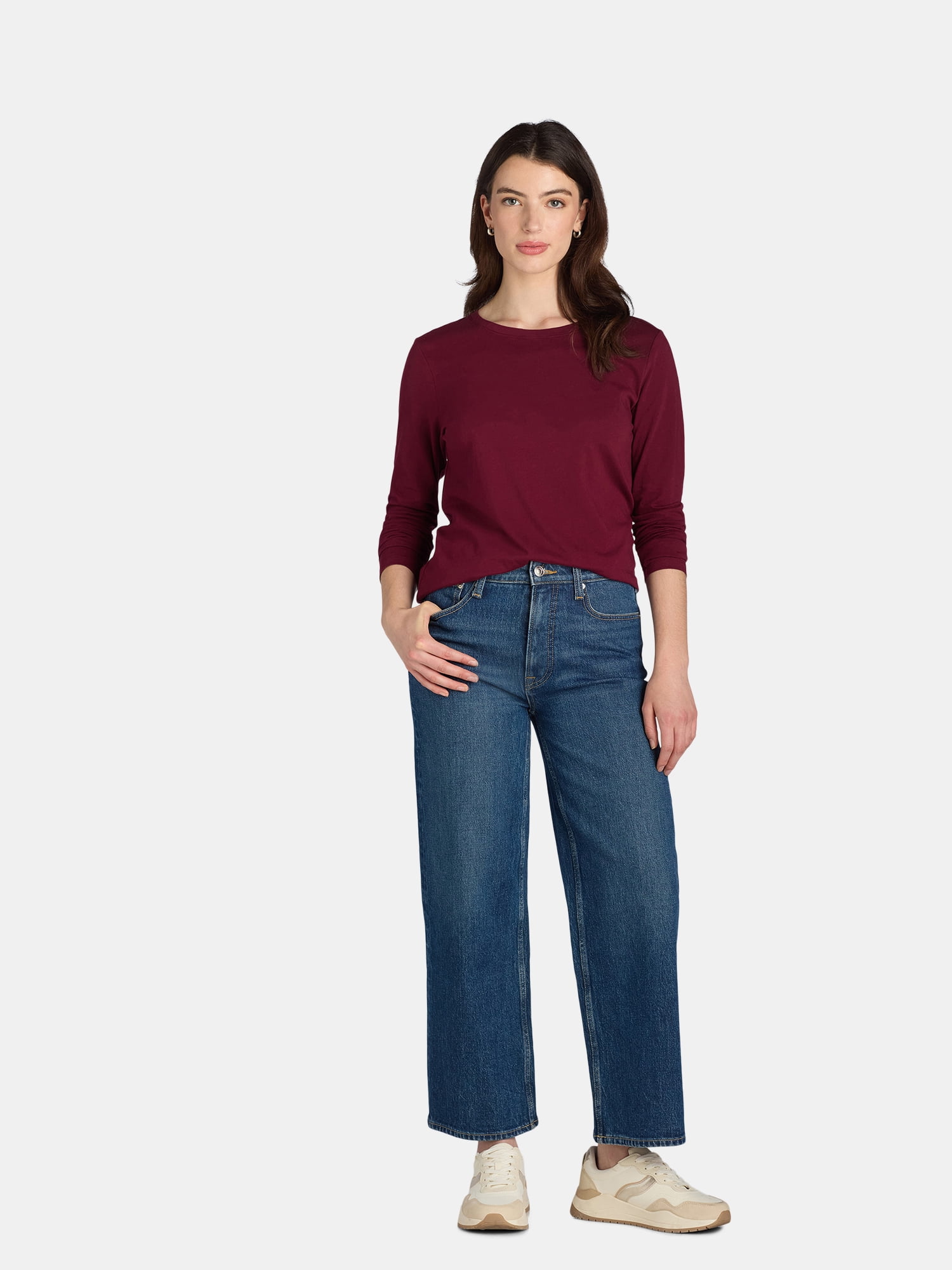 Time and Tru Women's Cotton Crewneck Tee with Long Sleeves, Single and 3 Pack, Sizes XS-XXXL