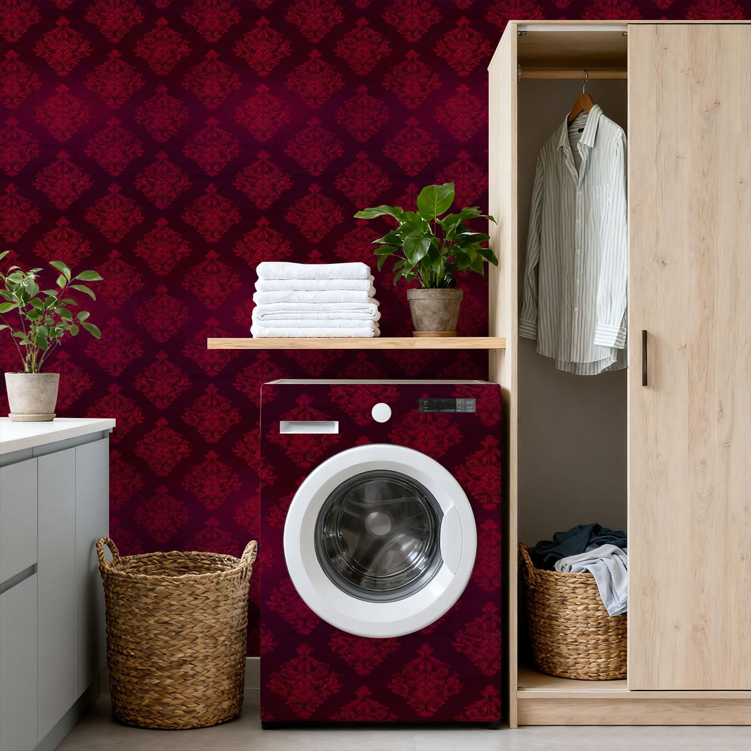 Peel and Stick Wallpaper Damask Ornamental Deep Red Burgundy Elegant Baroque Wall Mural 17.7in x 9.8ft Self Adhesive Removable Wall Paper Renter Friendly Wallpaper for Nursery Bedroom Cabinets