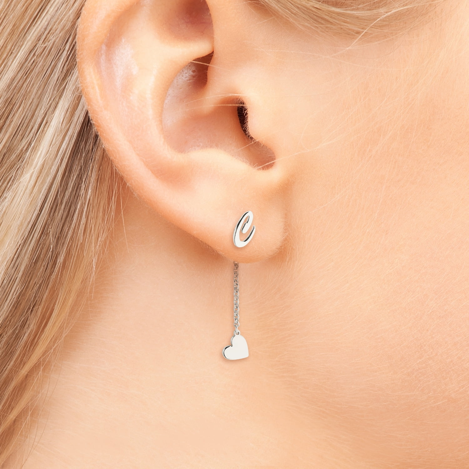 Personalized Planet Women's Script Initial Earring with Heart Dangle Button Drop Earrings