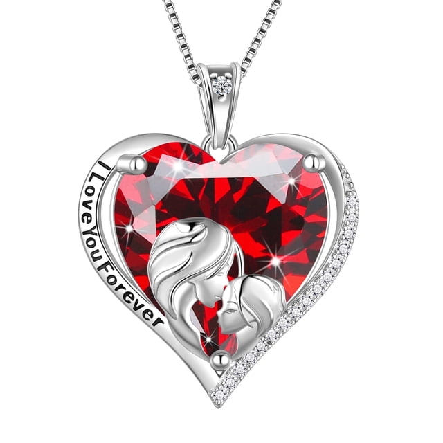 Juwaliy Collar de Corazón para Mujer para Madre E Hija de Plata Esterlina 925 con Dije de Piedra de Nacimiento Granate Rojo Joyería Regalo de Enero Cumpleaños Navidad Mother's Day