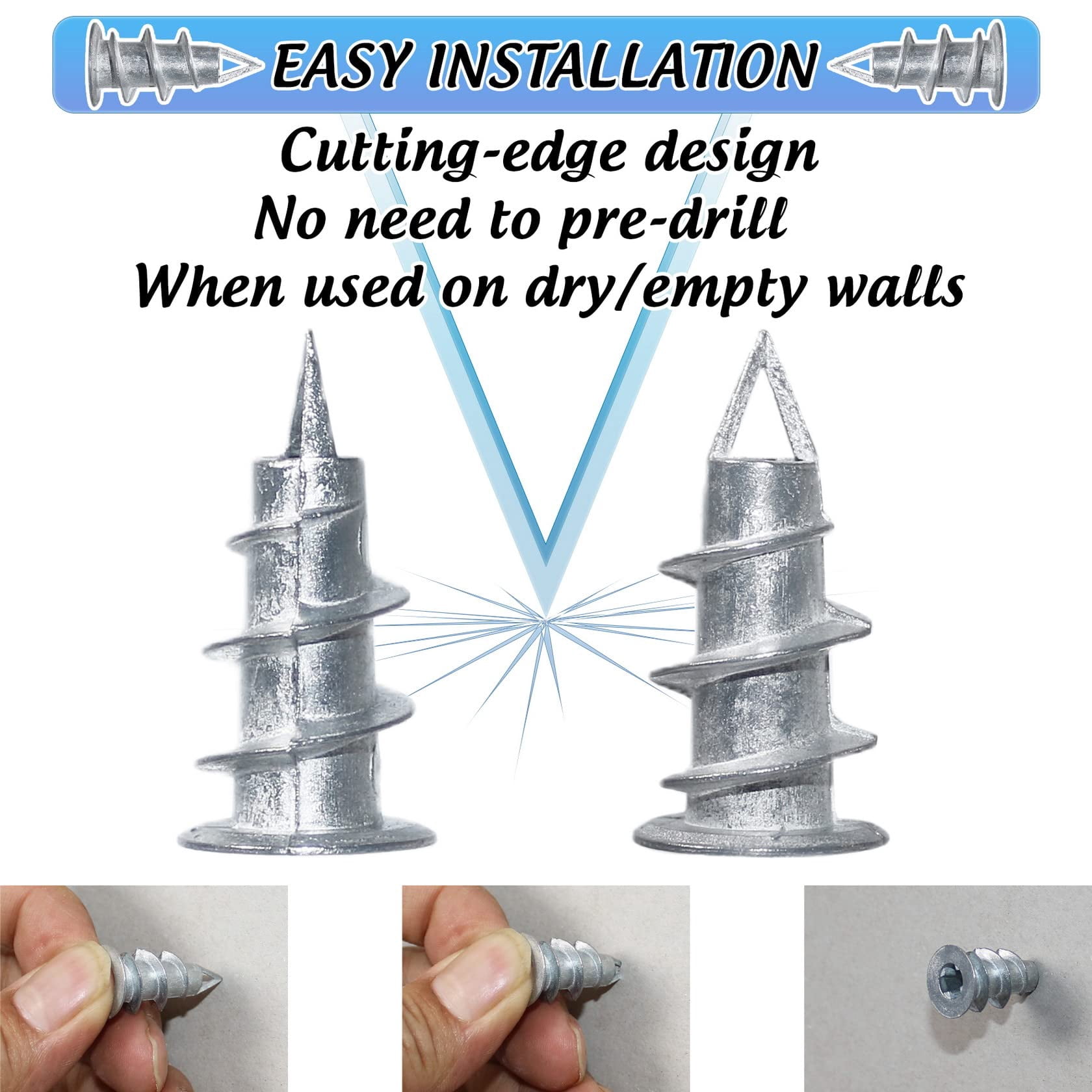 50Pcs #8 Self Drilling Metal Drywall Anchors and Screws kit, 25 Heavy Duty Hollow Sheetrock Anchors + 25 1-1/4'' Screw, No Pre Drill Hole Required - Hold 75lbs for Wall Hanging and Mounting