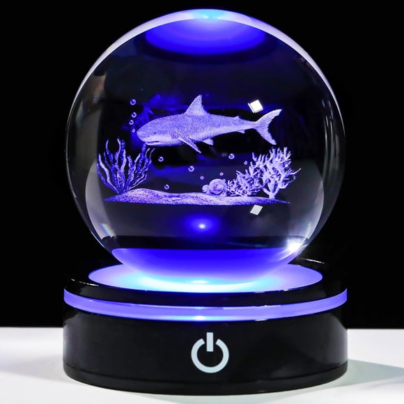 Lámpara YWHL 3D Shark Crystal Ball de 8 cm con base LED colorida