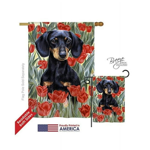 Breeze Decor 10080 Pets Dachsund In Tulips 2-Sided Vertical Impression House Flag - 28 x 40 in.