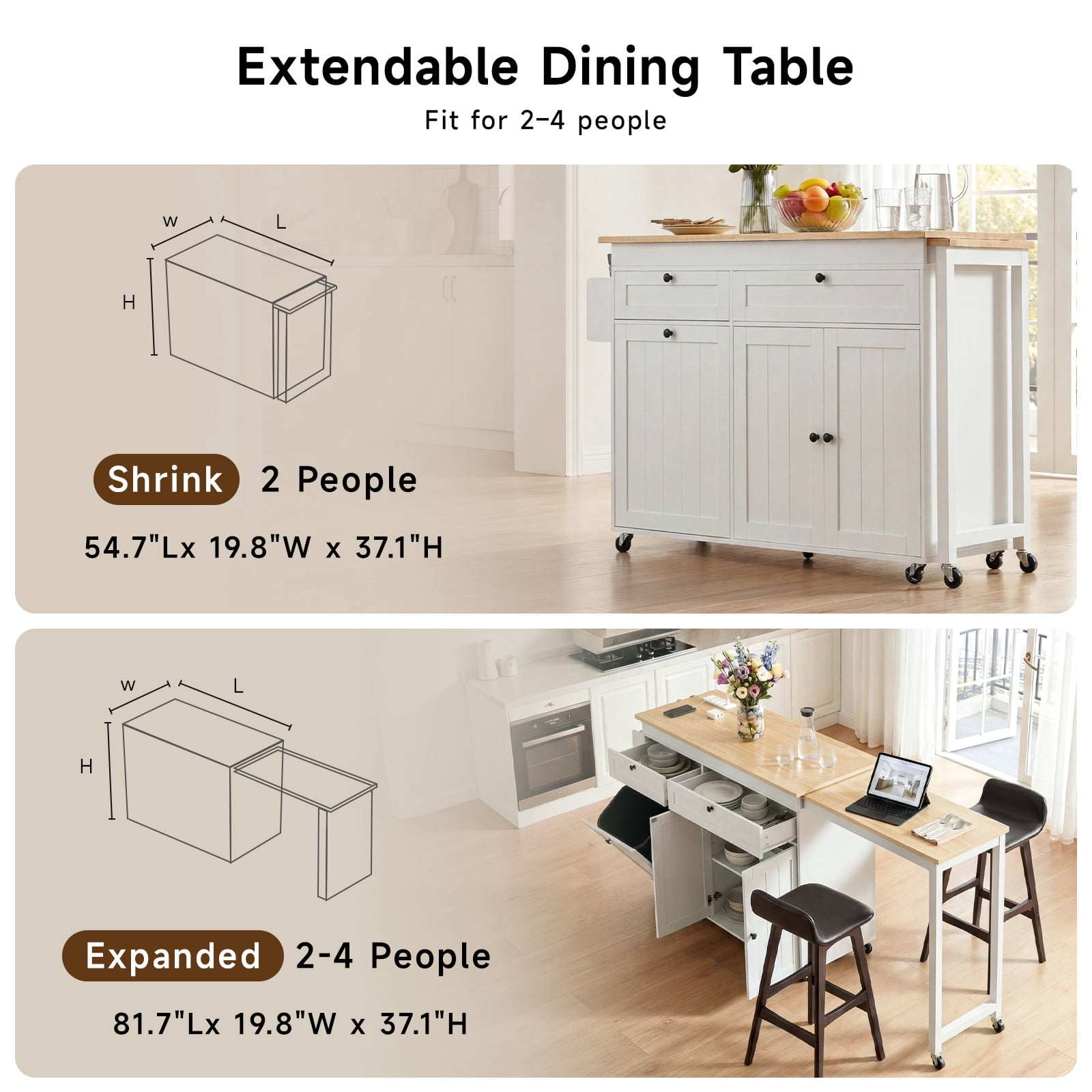 ROGALIS Rolling Kitchen Cart w/Extendable Dining Table, 81.7" Mobile Kitchen Storage Islands w/Trash Cabinet, Power Outlet, Spice Rack & Towel Rack, White