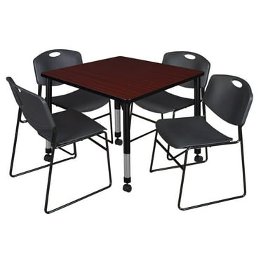 Regency Kee 42" Square Height Adjustable Moblie Classroom Table - Mahogany & 4 Zeng Stack Chairs- Black