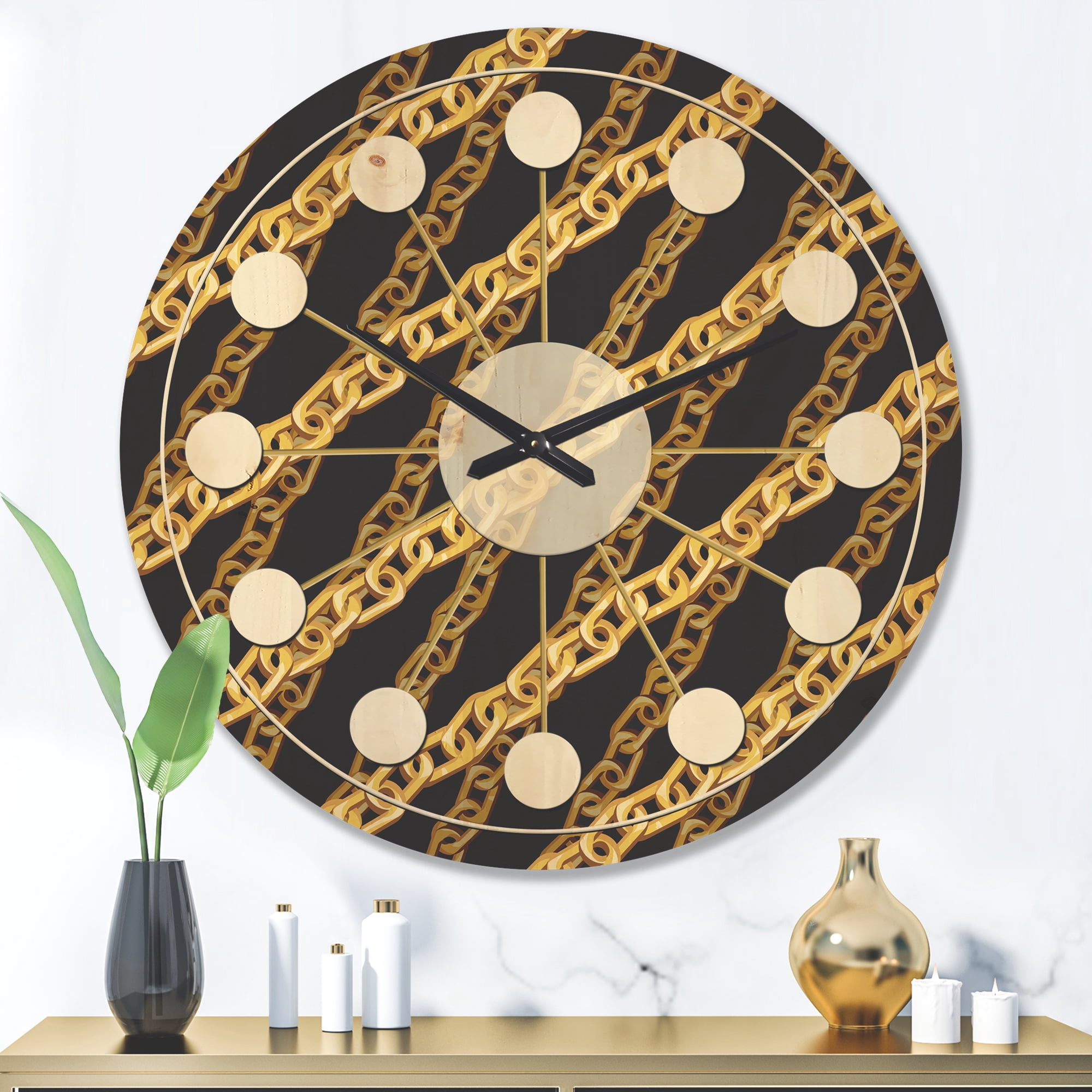 Designart 'Golden ZigZag Chain On Black' Mid-Century Modern Wood Wall Clock