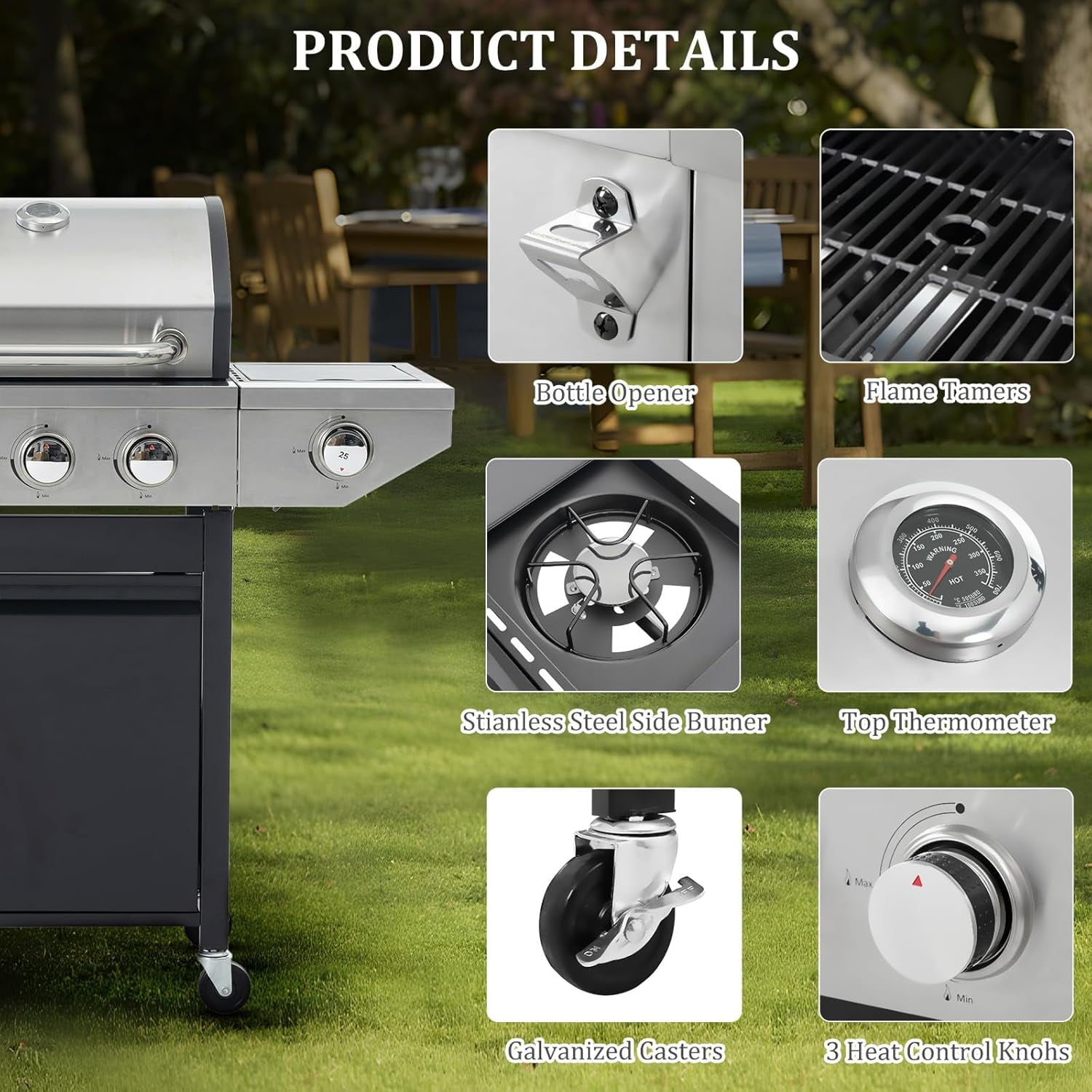 3 Burner Propane Gas Grill with Side Burner, Outdoor 37,150 BTU Stainless Steel Barbecue Grill with Lid, Wheels, Shelves and Thermometer for Camping, Outdoor Cooking