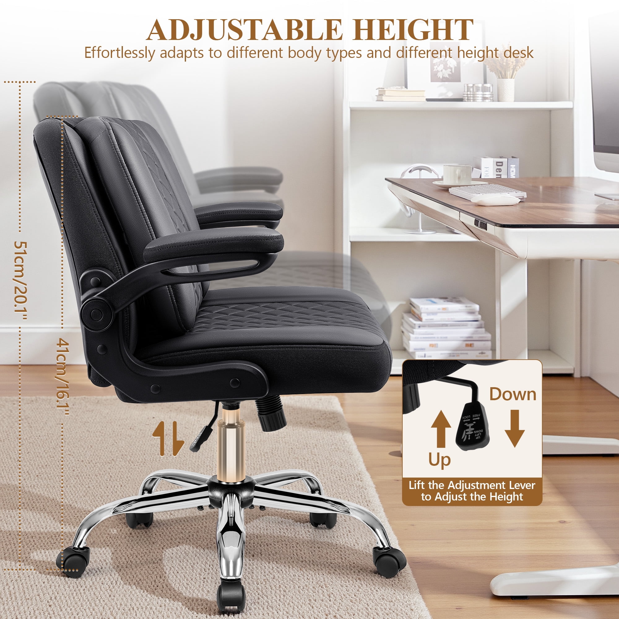 COOLHUT Criss Cross Chair with Flip-Up Arms and Wheels, Moveable Back Cushion Wide Seat Office Desk Chair, Height Adjustable Swivel Cross Legged Chair for Home Office, Study, Vanity, Black