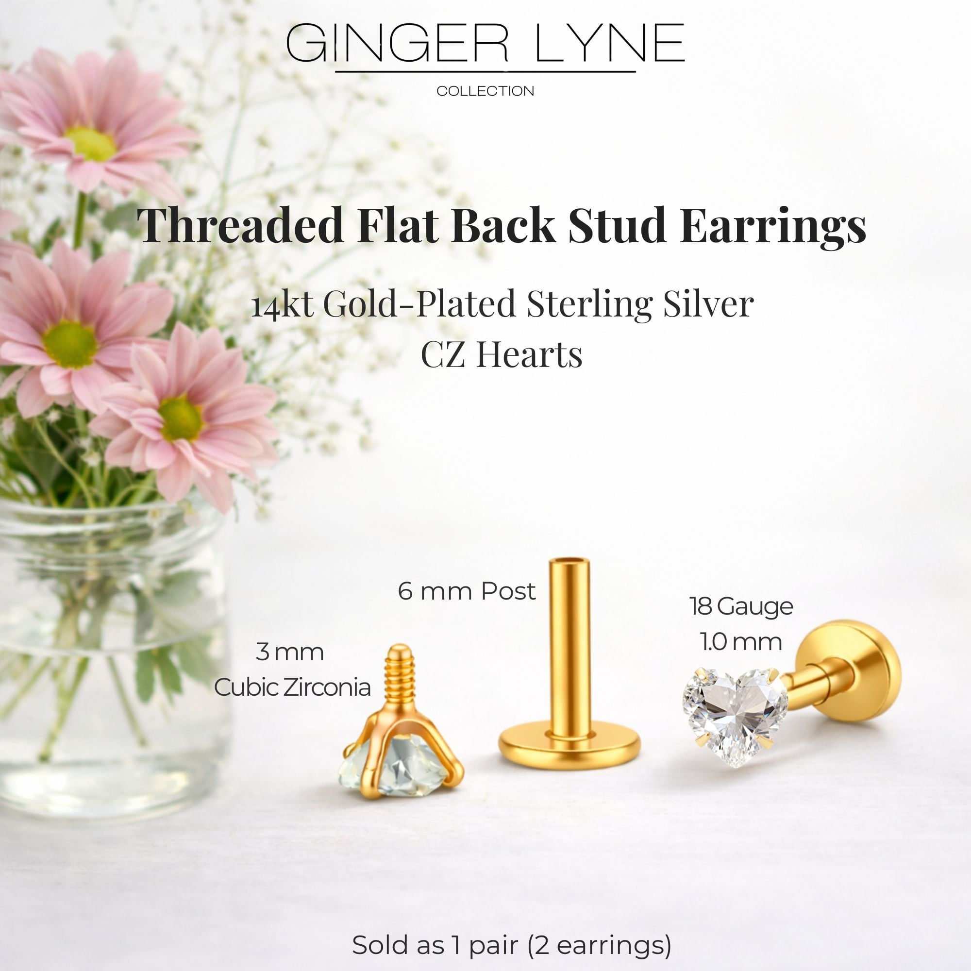 Ginger Lyne Solitaire Heart Flat Back Stud Earrings Sterling Silver Cubic Zirconia Body Jewelry