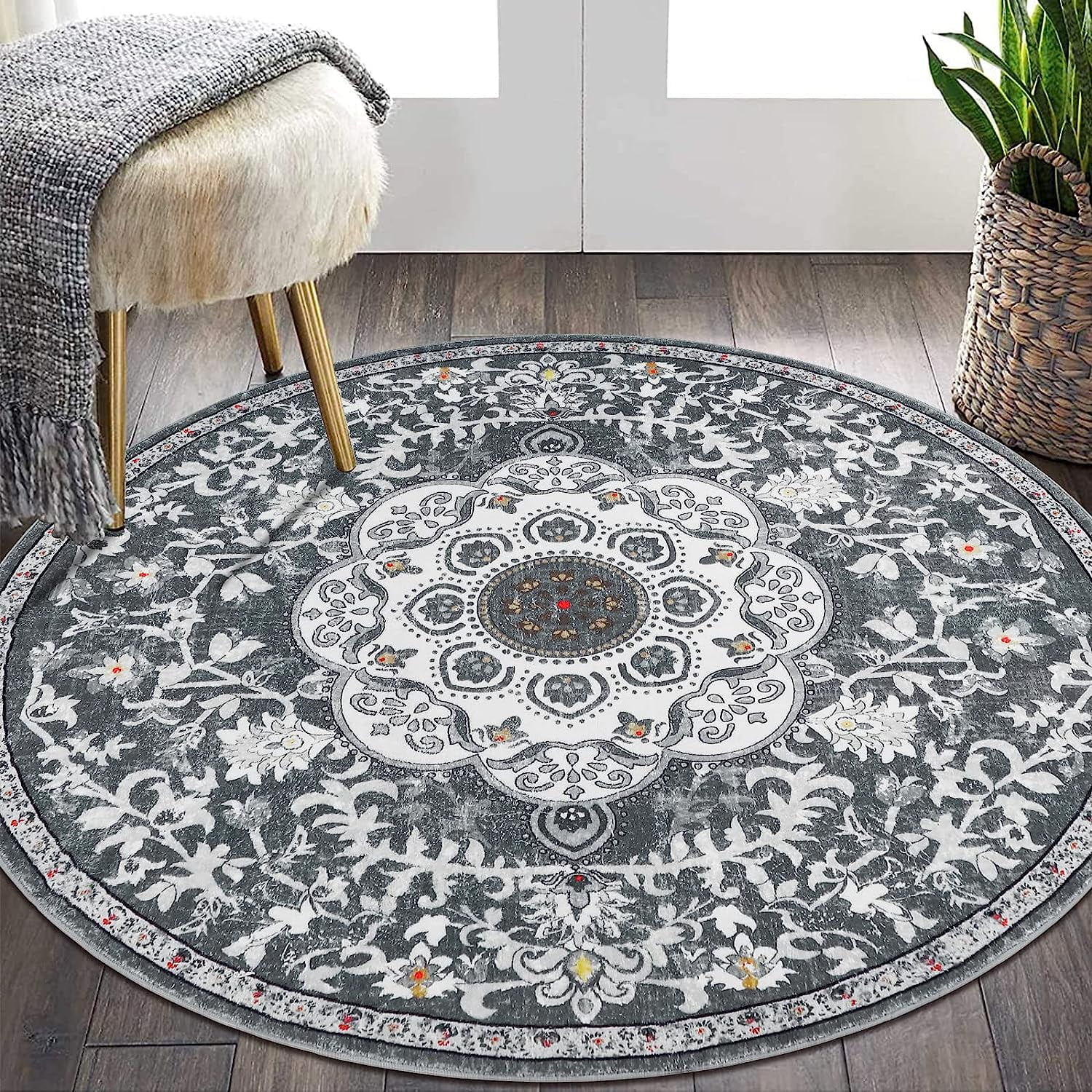 Findosom 5.25'Round Area Rug,Non Slip Washable Round Rug Boho Area Rug for Living Room,Bedroom,Home Decor,Office,Dining Room,Gray