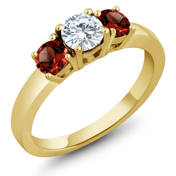 Gem Stone King 1.24 Ct E-F Lab Grown Diamond Red Garnet 18K Yellow Gold Plated Silver Ring (Size 7)