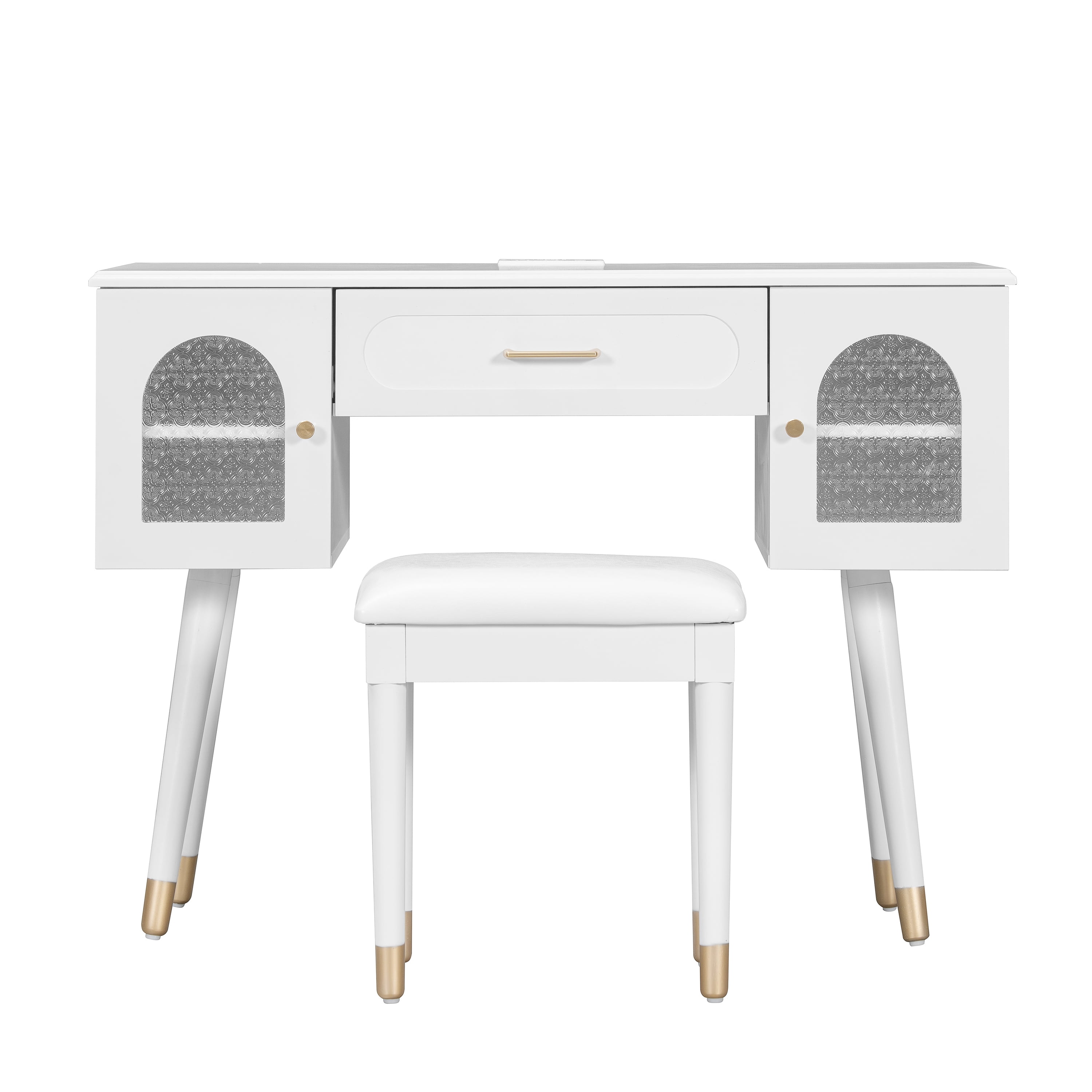 Yoneston Vanity Set with Charging Station 2 Outlets & USB Ports, 4 Drawers, Arched Glass Doors & Upholstered Stool, White