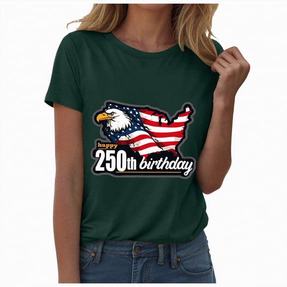 mgoYE Women 250 Anniversary Shirt Patriotic Tops Tee Happy 250th Birthday Clothes for Women Dark Green L