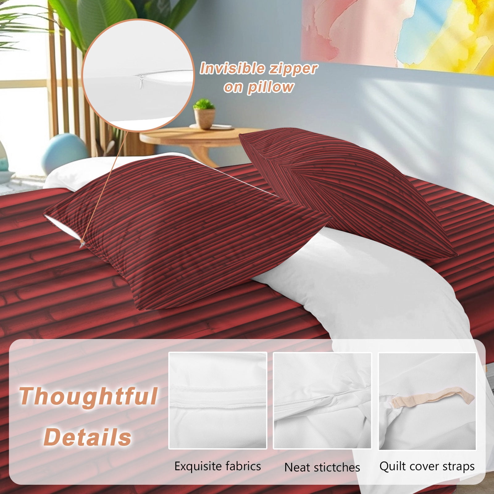 Red Bamboos 4 Piece Duvet Cover Set Queen Size Natural Vintage Bamboos Tree Plant Image Soft Bedding Set Comforter Cover, 1 Duvet Cover 1 Flat Sheets and 2 Pillowcases