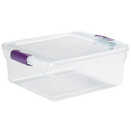 Homz 15.5 Qt. Plastic Storage Tote with Latches, Clear/Purple