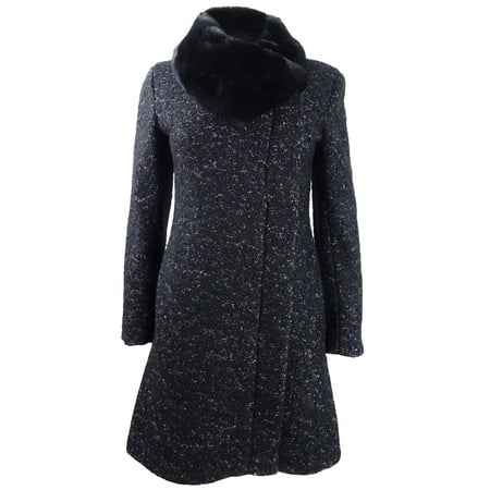 DKNY Women's Petite Asymmetrical-Zip Faux-Fur-Collar Coat (PXXS, Black)