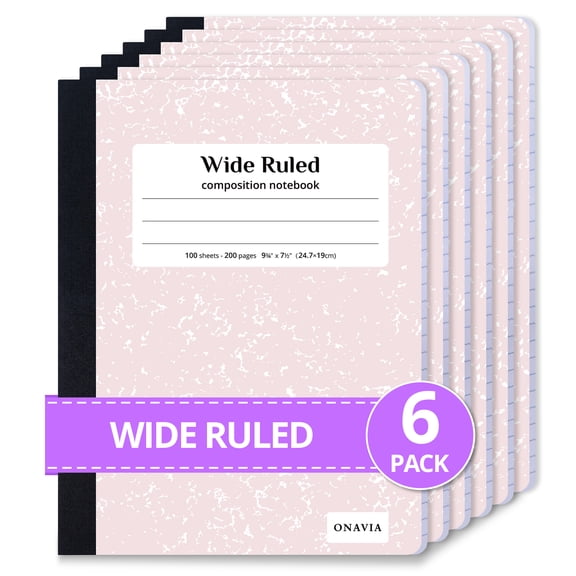 ONAVIA Composition Notebook Wide Ruled, 6 Pack, 9.75" x 7.5", Marble Composition Books Bulk, 200 Pages/100 Sheets, Hard Cover, Pink