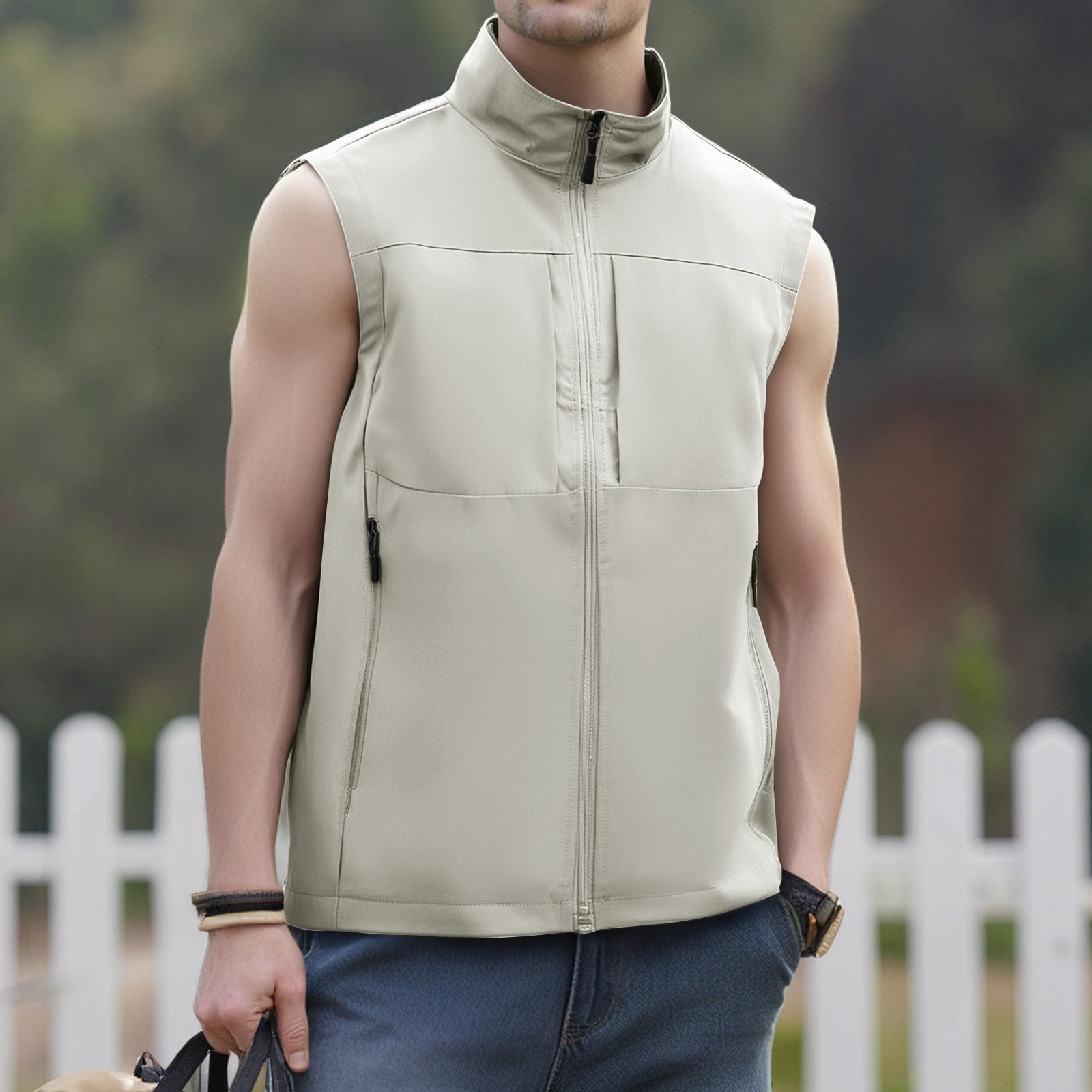 Men's Windproof Lightweight Golf Vest Softshell Sleeveless Jacket with Pockets for Running Hiking Sports Spring Fall,White,L