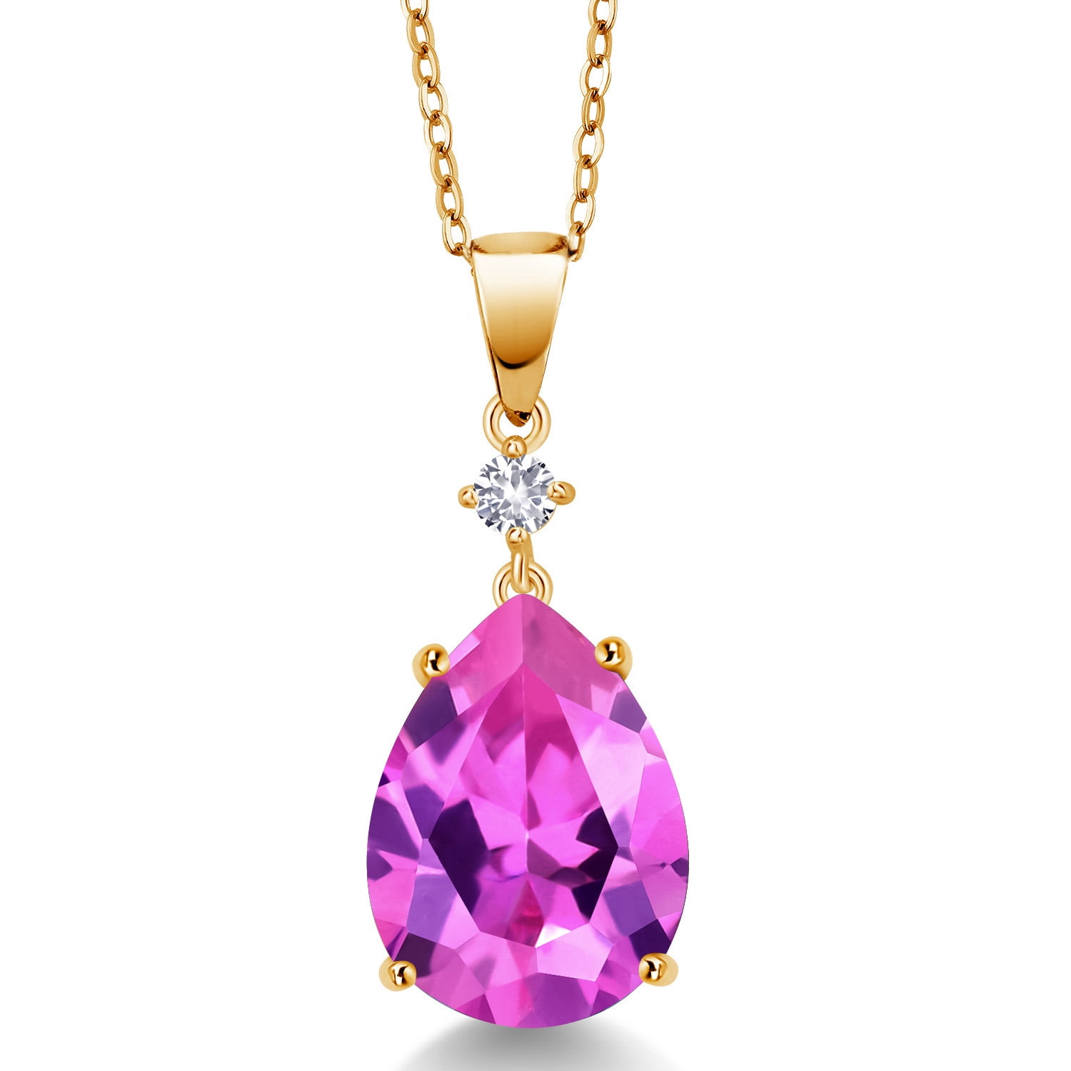 Gem Stone King 18K Yellow Gold Plated Silver Pink Created Sapphire and White Created Sapphire Pendant Necklace for Women (10.38 Cttw, Pear Shape 16X12MM, Gemstone, with 18 inch Chain)