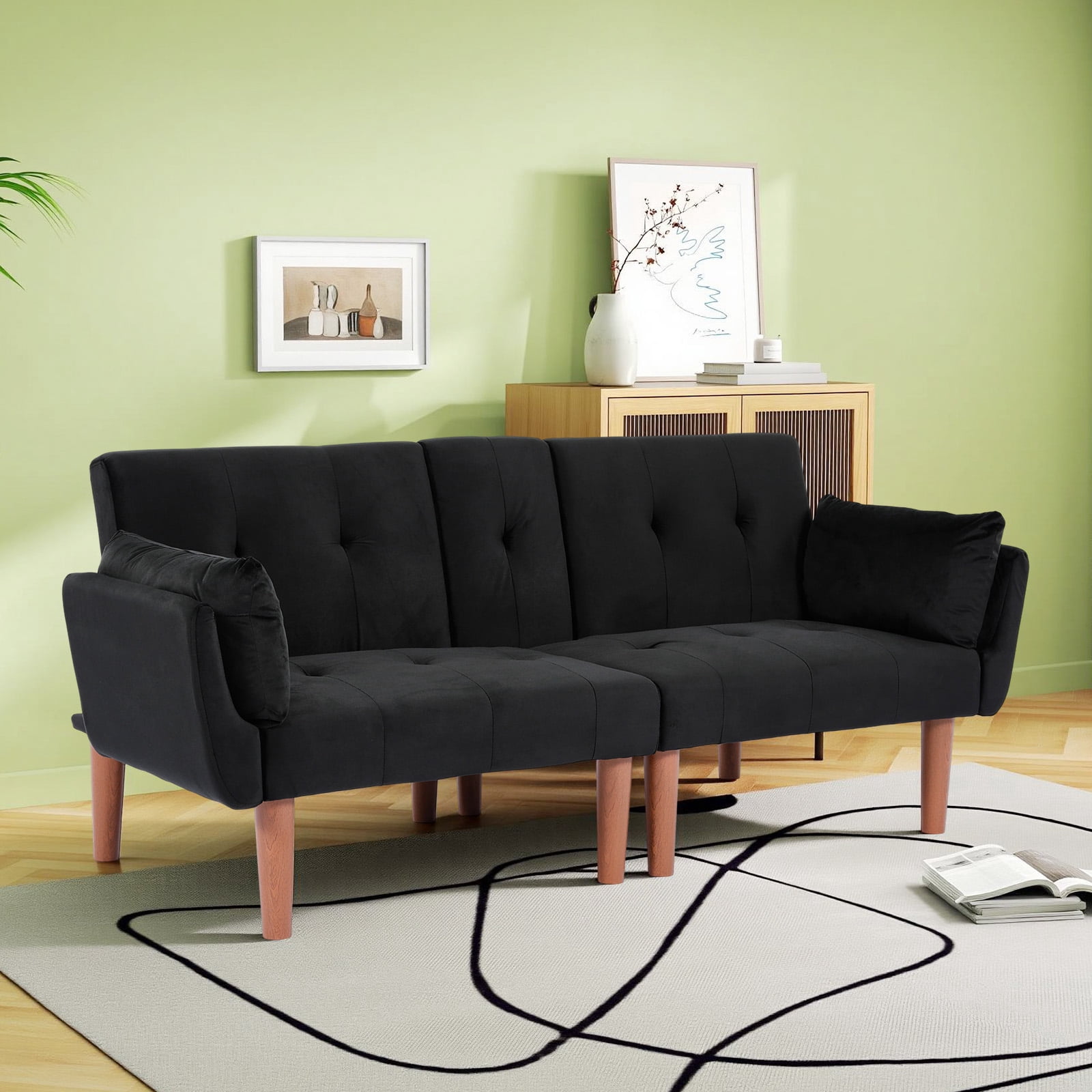 Leumius 72 Inch Futon Sofa Bed,Velvet Futon Couch with Adjustable Backrest and Cupholders,Suitable for Apartment,Living Room,Small Space,Black
