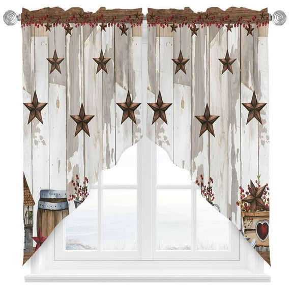 Farmhouse Country Swag Curtain Valance for Windows, Star Barn Barrel Plant Retro Wood Grain Window Treatments Short Swag Topper for Kitchen Windows Bathroom Bedroom, 36"x36"