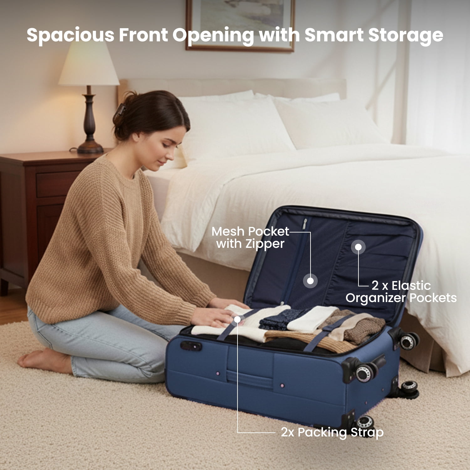 3-Piece Softside Luggage Set Lightweight Soft Shell Expandable Suitcase with Spinner Wheels & TSA Lock,20"/26"/30",Blue - WD1622