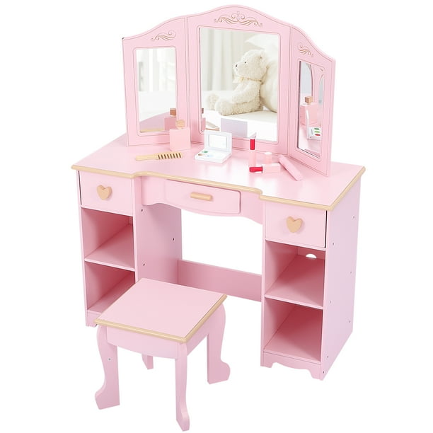 Kids Vanity with Chair,Princess Makeup Desk Dressing Table with Tri