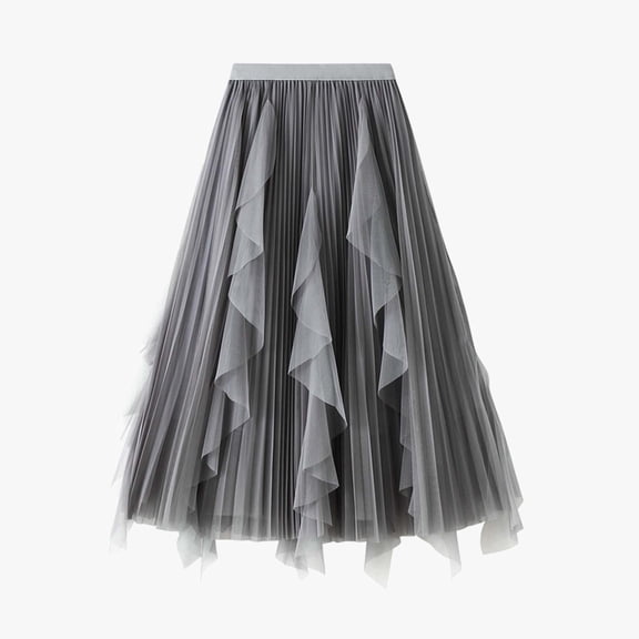 Huowey Women'S Midi Skirt Solid Colot High Waisted Ruffled Tiered Mesh Pleated A Line Elegant Flowy Long Tulle Skirt Party Wedding Guest Dailywear,Grey,One Size