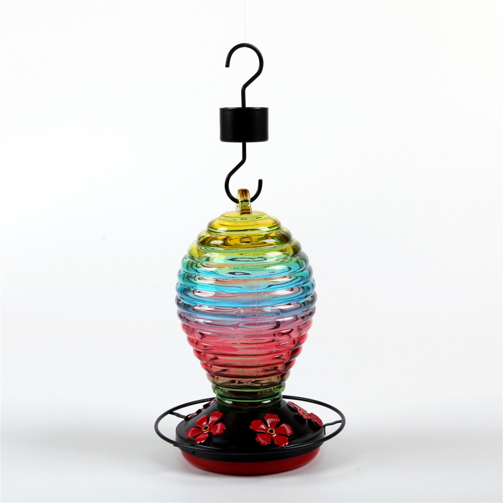 Large Capacity Painted Glass Hanging Hummingbird Feeder, Flower Bird Shaped Nectar Feeder, Outdoor Hanging Glass Bird Feeder, Decorative Leak-Proof Feeding Station for Yard Garden Patio Courtyard