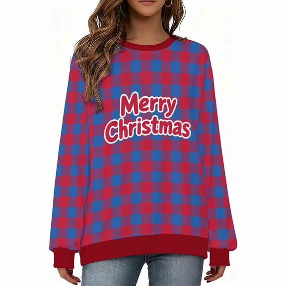 Maplenight Christmas Sweatshirts for Women Merry Christmas Plaid Pullover Crew Neck Sweatshirts Holiday Vacation Graphic Tees Tops