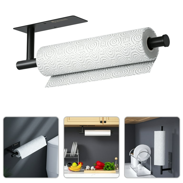 Paper Towel Holder Under Cabinet Comes with Both Self Adhesive and Screws  Wall Mount Paper Towel Rack for Bar, Kitchen, Sink & Bathroom, SUS304  Stainless Steel 13.2 inch (Black) 