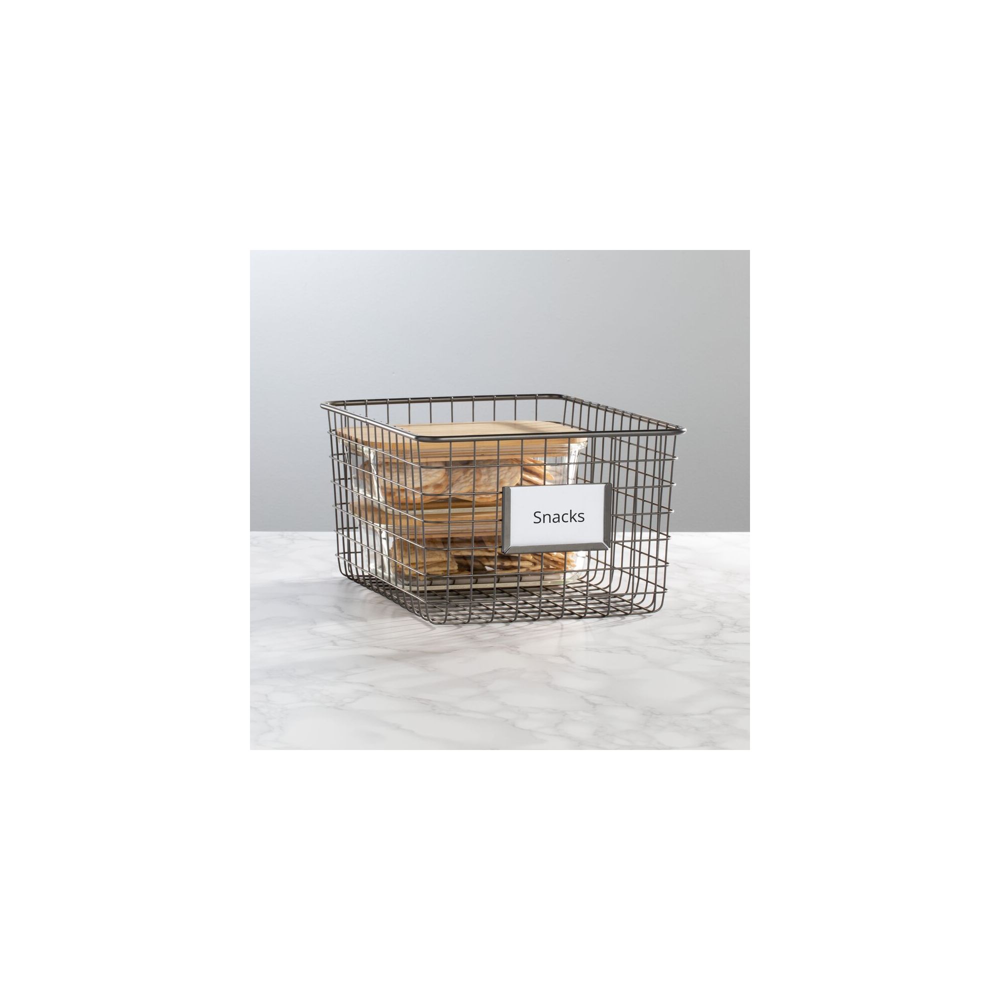 mDesign Large Steel Kitchen Organizer Basket with Label Slot, 4 Pack - Dark Gray