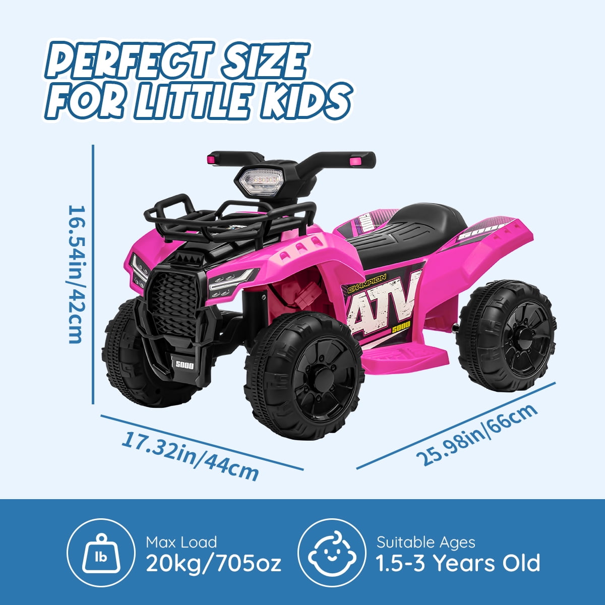 Kids 4-Wheeler Quad ATV, 6V Battery Powered Toddler Ride on Toys with Music & Lights, 1.2MPH Max Speed, for Ages 18-36 Months, Pink