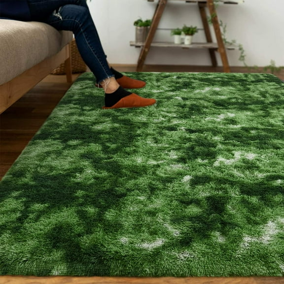 Fluffy Dark Green Rugs for Bedroom Living Room, Soft Plush Shaggy Tie-Dyed Rug for Kids Non-Slip Machine Washable Carpet