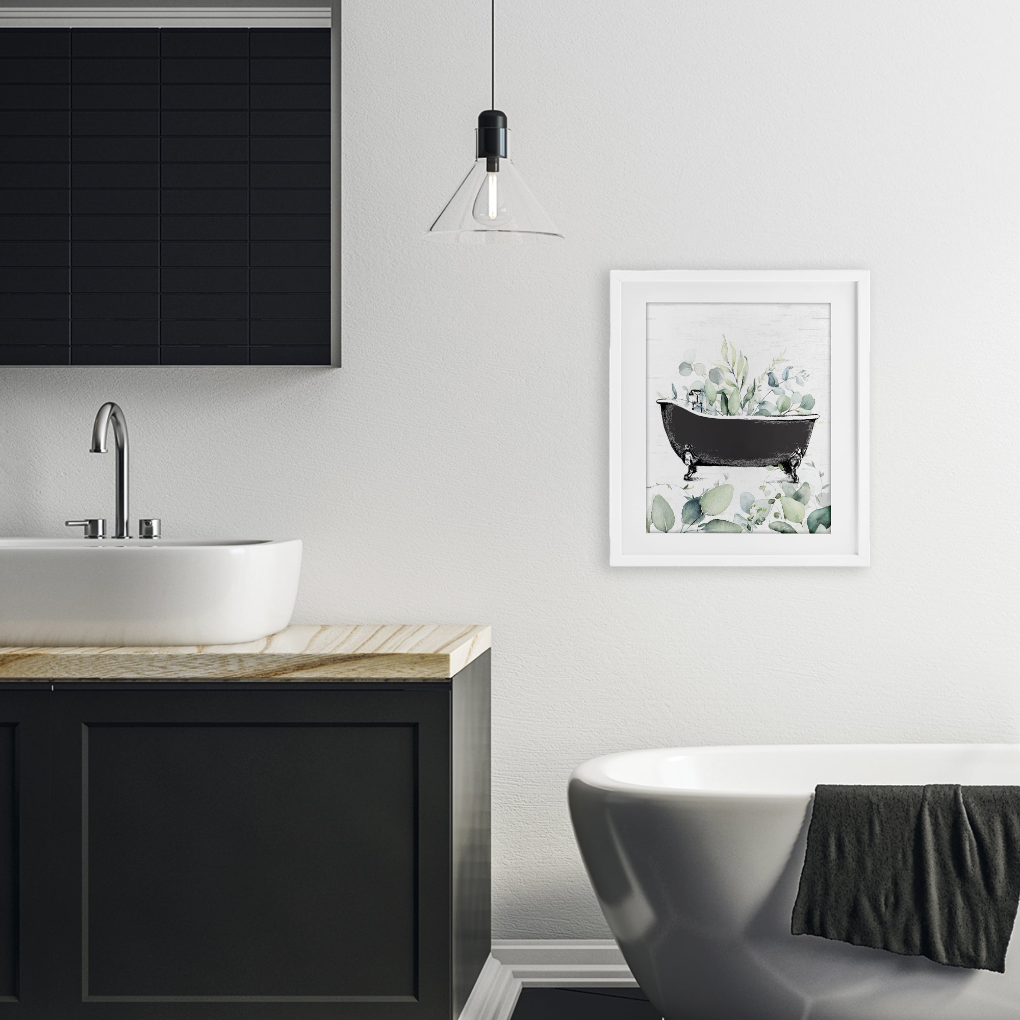 Eucalyptus Leaves Bathtub White Framed Print Under Glass, design by Lettered and Lined