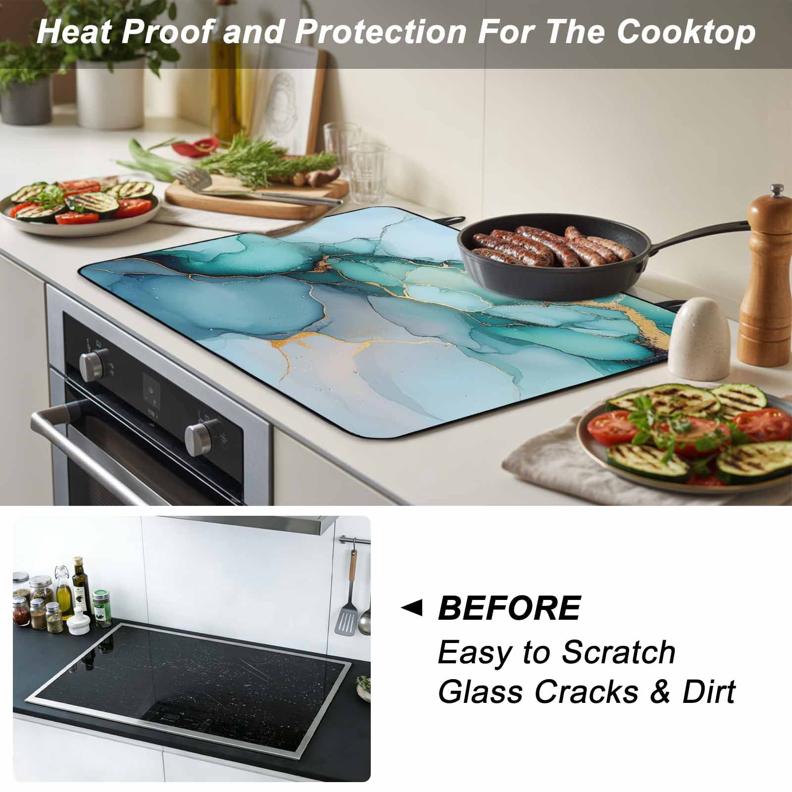 Turquoise Gold Marble Stove Top Cover for Electric Stove, Heat-proof & Non Slip Glass Top Stove Cover Protector, Abstract Teal Modern Geometric Kitchen Flat Cooktop Rubber Mat 24x21 Inches