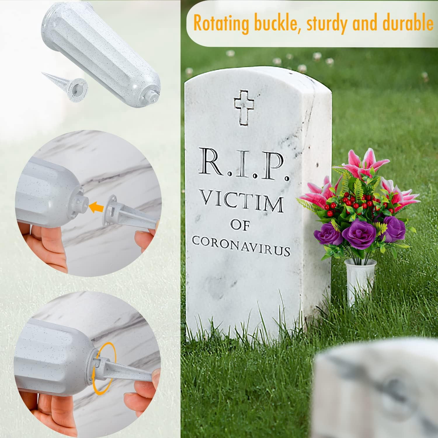 Artificial Cemetery Flowers for Grave, Set of 2 Artificial Memorial Flowers with Vase for Outdoor Cemetery Headstones Graveyard Gravestone Decoration (Red Lily&White Purple Peony)