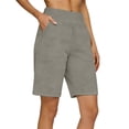 thumbnail image 2 of ClodeEU Women's High Waisted Linen Blend Bermuda Shorts, Elastic Waist Casual Summer Pants with Pockets Khaki,Women's Plus S, 2 of 5