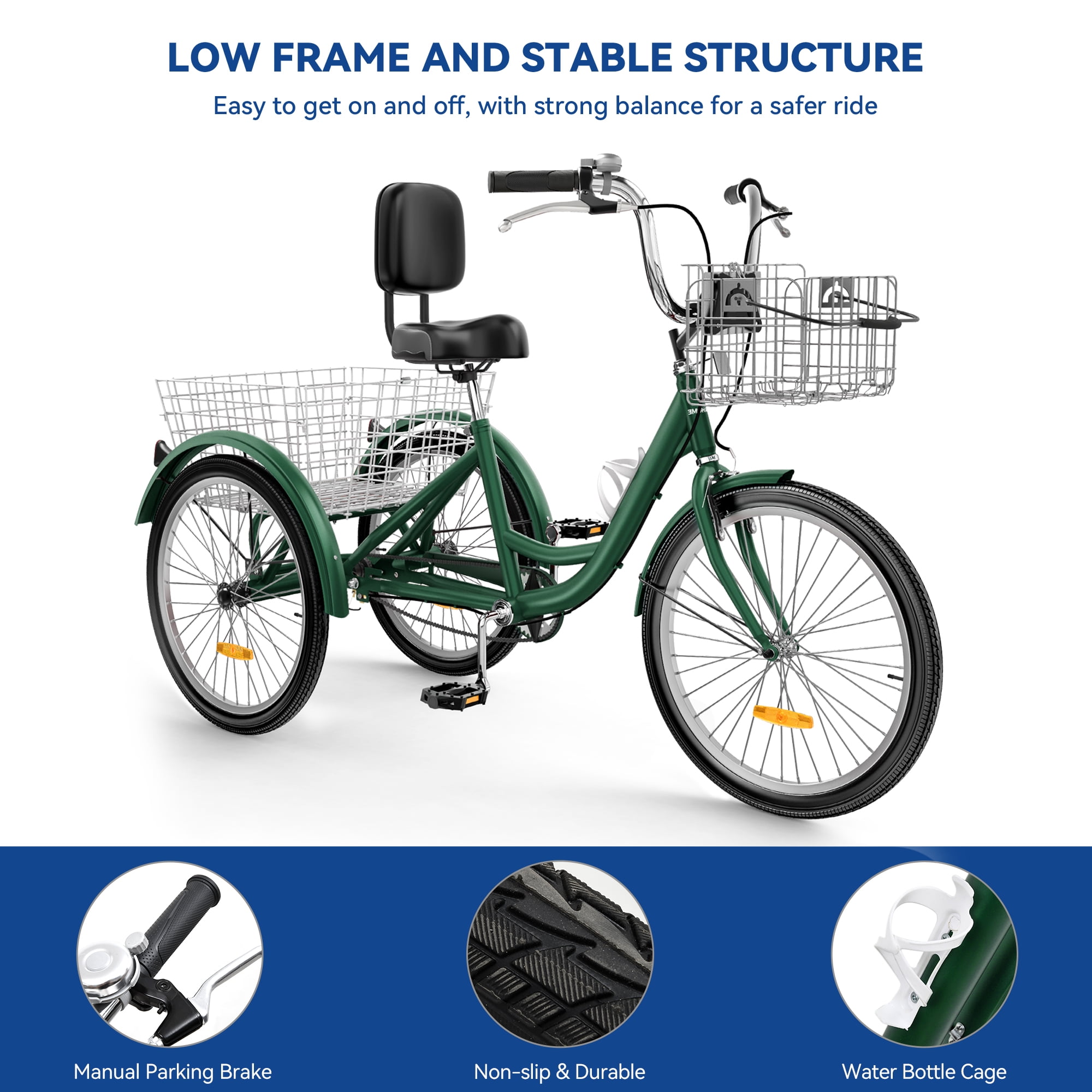 Uforic 24 inch 1 Speed 3 Wheel Adult Bikes with Removable Baskets for Shopping Picnic, Green