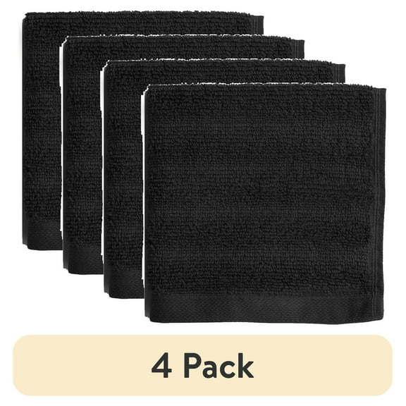 (4 pack) Mainstays Performance Cotton Washcloth, Super Soft Quick Dry Fade Resistant, Textured Black