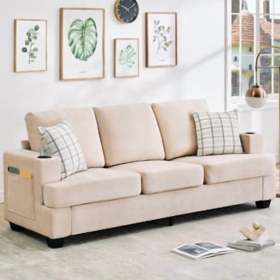 Studyset 3-Seater Sofa for Living Room, 89-Inch Comfy Couches with Deep Seat, Chenille Couch with Cup Holders and Side Storage Pockets for Apartment Lounge