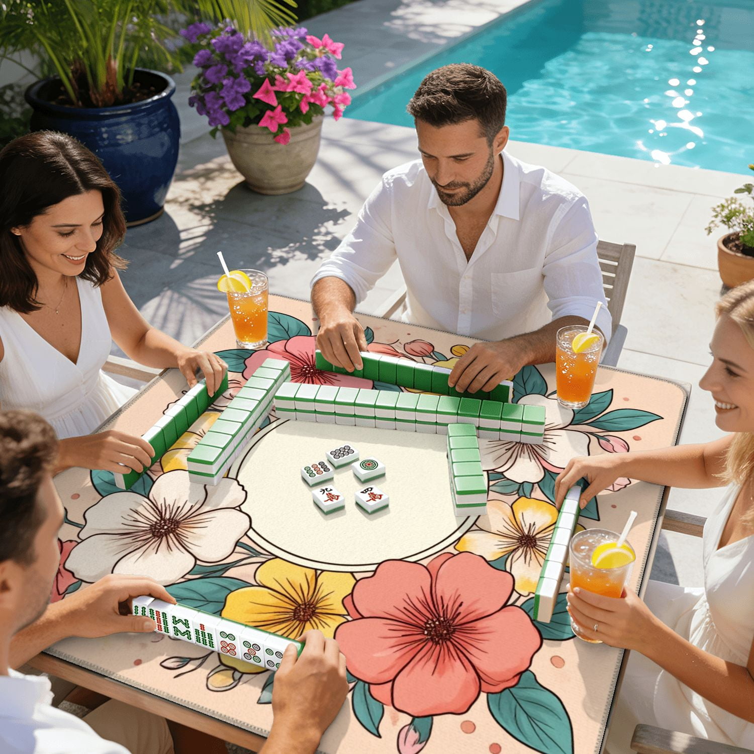 Mahjong Mat 31.5" x 31.5" Floral Wreath Colorful Pink Yellow White Flowers Pastel Non-Slip Noise Reduction American Mahjong Tiles Table Cover for Dominoes Poker Card Board Games Gift