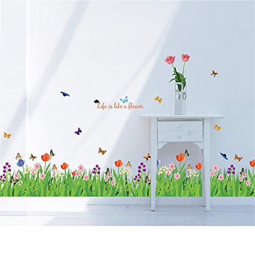 W: 70.9 Inches decalmile Green Grass Flowers Butterflies Wall Corner Decals Living Room Bedroom Baseboard Skirting Line Wall Stickers Art 