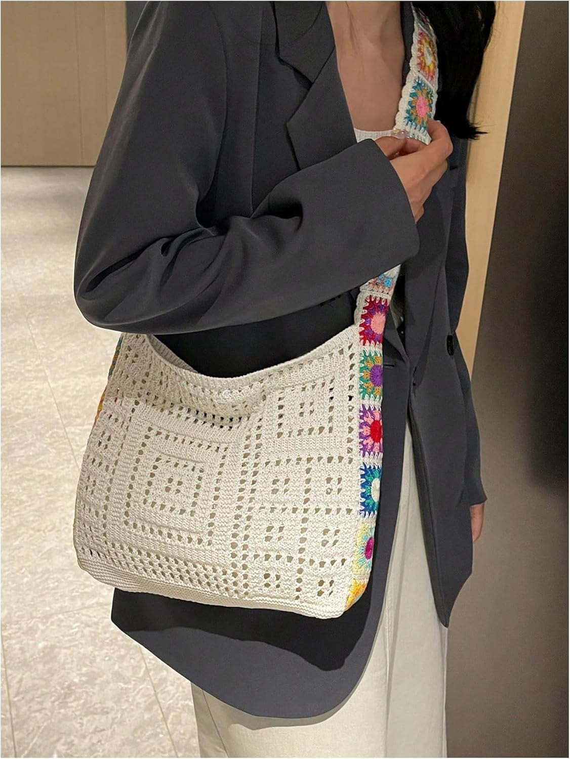 CAILDANL Women's Boho Embroidery Crossbody Bag Hollow Out Crochet Knit Shoulder Bag Tote Handbag