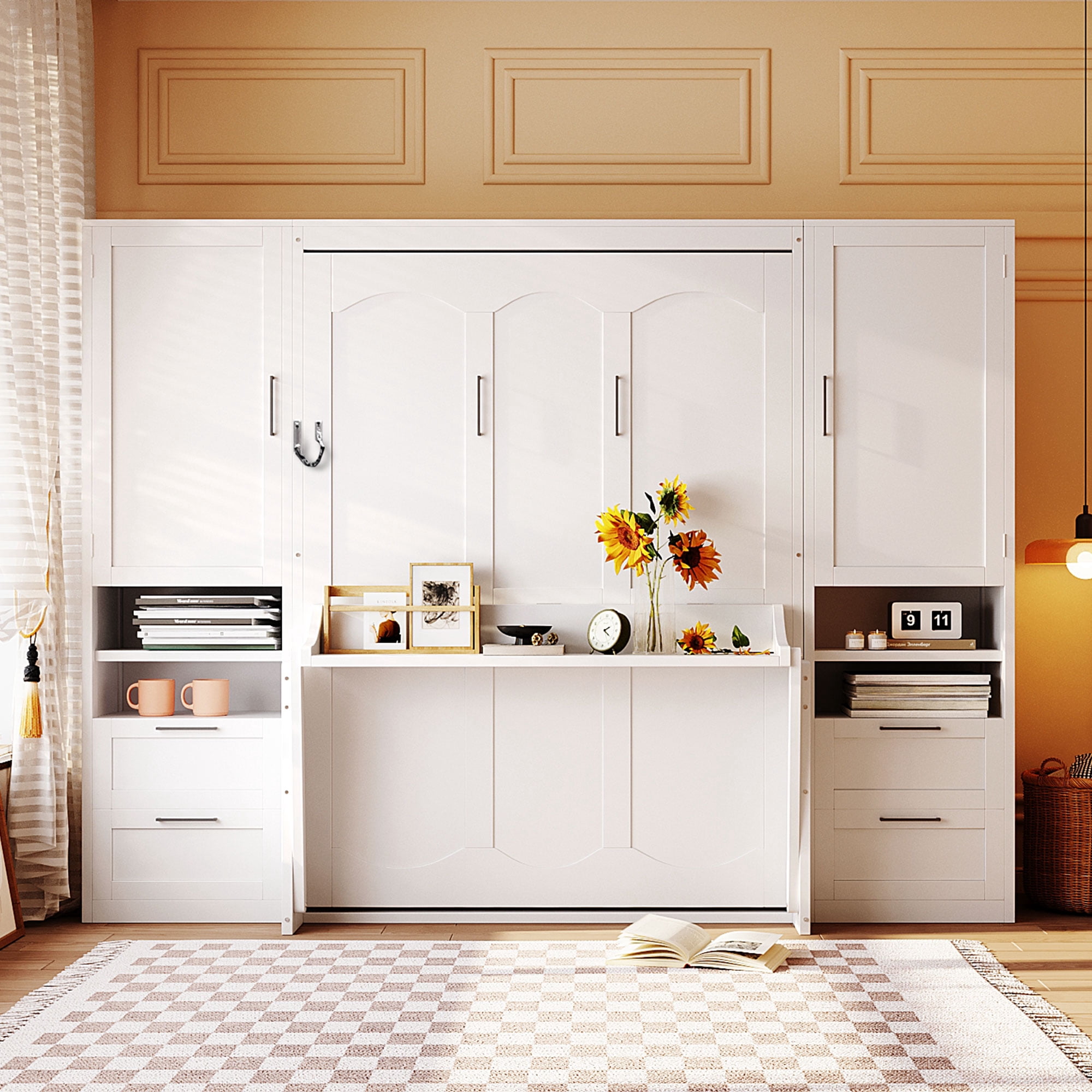 Full Size Murphy Bed with 2 Closet, 4 Drawers and Shelves for Space-Saving Guest Room
